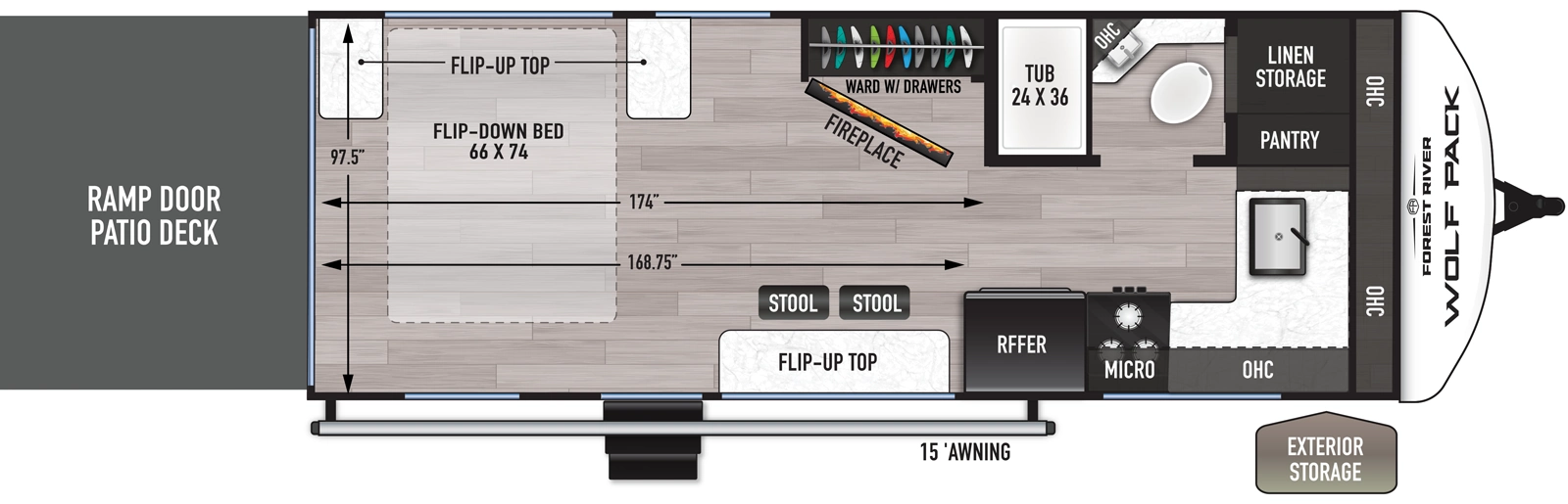 The Wolf Pack 21-14 floorplan is a toy hauler that has one entry and zero slide outs. Exterior features include: fiberglass exterior and 15' awning. 